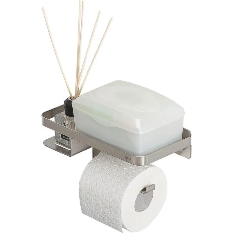 Tiger toiletrolhouder met planchet Caddy geborsteld RVS