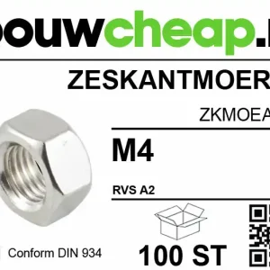 Zeskantmoer RVS M 4 DIN934 (100 ST.)