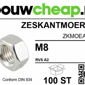 Zeskantmoer RVS M 8 DIN934 (100 ST.)