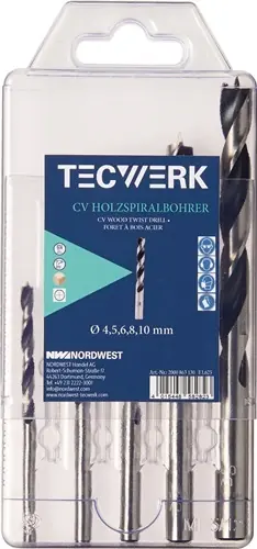 SET HOUTSPIRAALBOREN D. 4, 5, 6, 8, 10 MM 5 DELIG CHROOM-VANADIUMSTAAL TECWERK