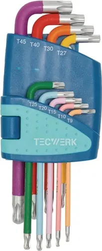 HAAKSE SCHROEVENDRAAIERSET 9-DELIG T9- T45 KLEURCODERING KUNSTSTOF HOUDER TECWER