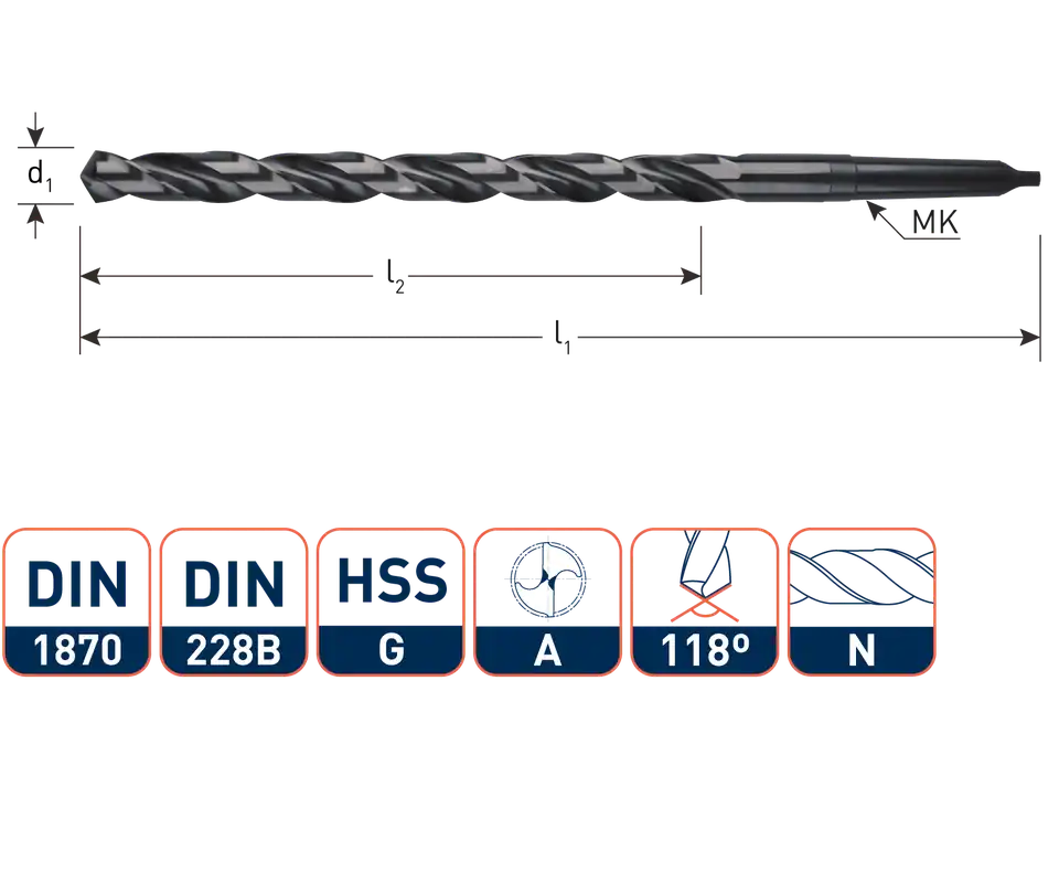 HSS-G MK1-SPIRAALBOOR, DIN 1870, TYPE N, ø10,5X360