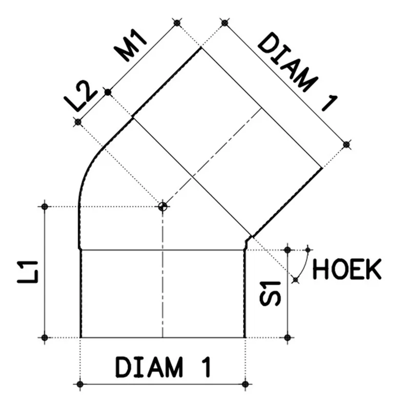 BOCHT PVC 1X LIJMMOF/VERJONGING SPIE-EIND Ø 80 MM 45°