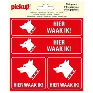 STICKER HIER WAAK IK! 150X150 MM 4 STUKS