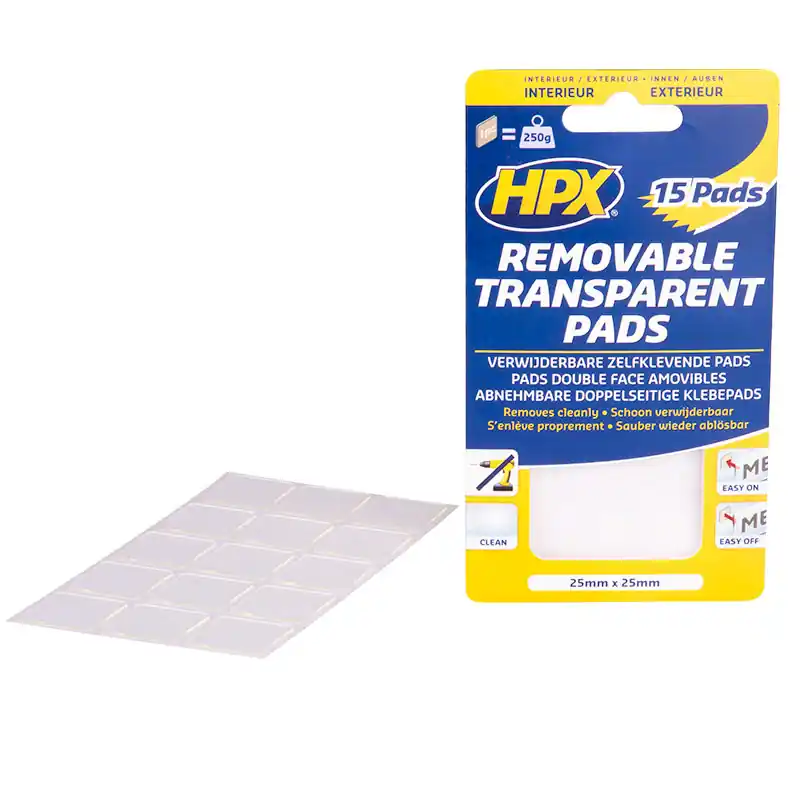 HPX DUBBELZIJDIGE VERWIJDERBARE TRANSP. PADS (15 STUKS) 25MM X 25MM TR