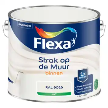 Flexa Strak op de Muur muurverf mat fris wit RAL 9016 2,5 liter