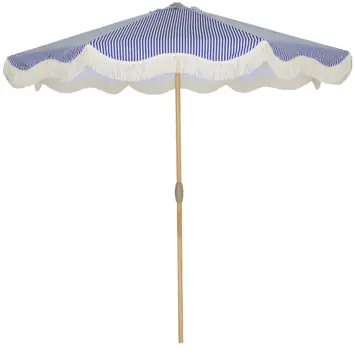 Parasol strand blauw/wit streep met franjes Ø 250 cm