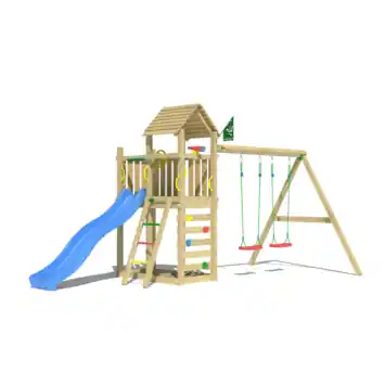 Speeltoestel Jungle Gym Safari grenen geïmpregneerd met glijbaan blauw en 2-schommel module