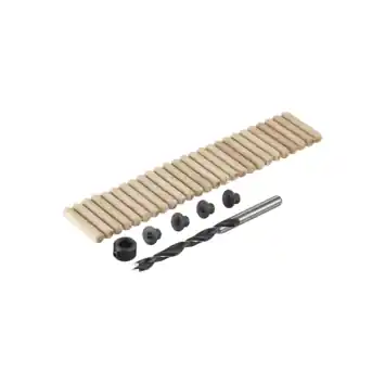 Irwin deuvelset Ø6 mm bestaande uit 24 houten deuvels, 1 houtspiraalboor met dieptestop en centreerpunten.