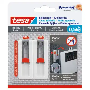 Tesa klevende spijker kleine apparaten voor behang en pleisterwerk verstelbaar wit 0,5 kg 2 stuks